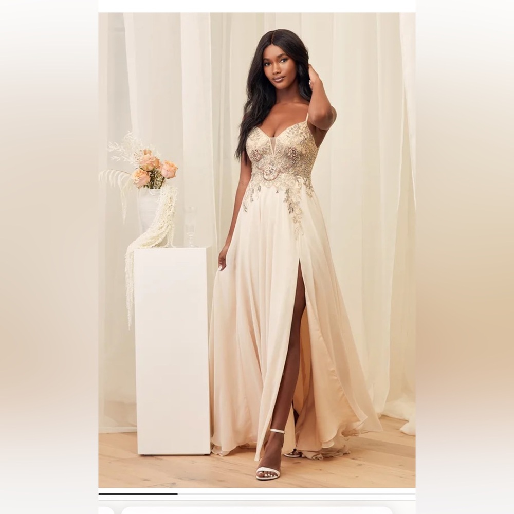 Lulu's Cream Backless Slit Gown